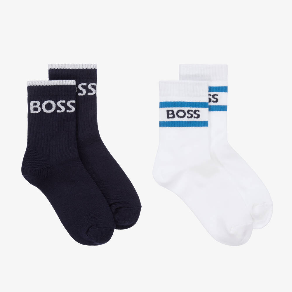 BOSS - Teen Boys Blue & White Cotton Socks (2 Pack) | Childrensalon
