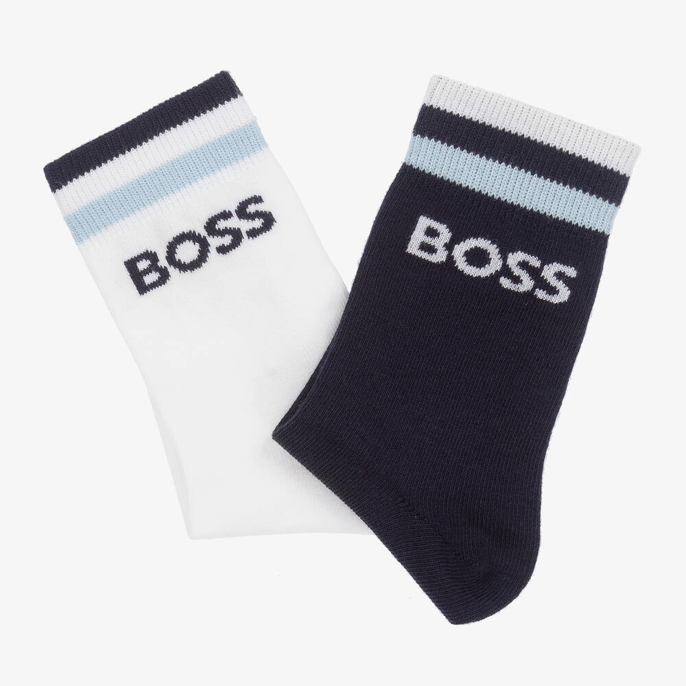 BOSS-Teen Boys Blue & White Cotton Socks (2 Pack) | Childrensalon Outlet