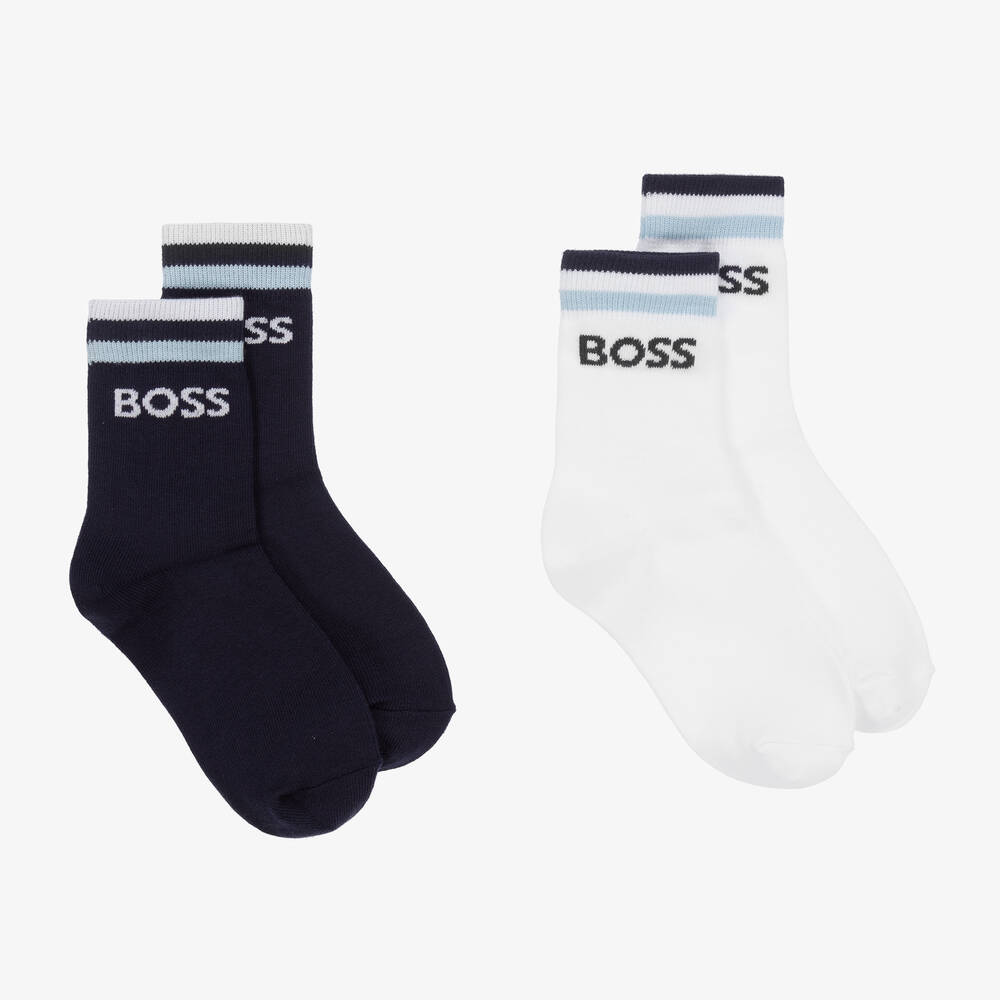 BOSS-Teen Boys Blue & White Cotton Socks (2 Pack) | Childrensalon Outlet