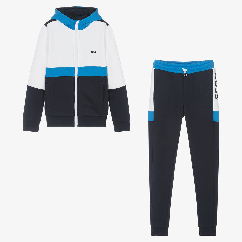 BOSS - بدلة رياضية قطن جيرسي لون أزرق وأبيض للمراهقين | Childrensalon