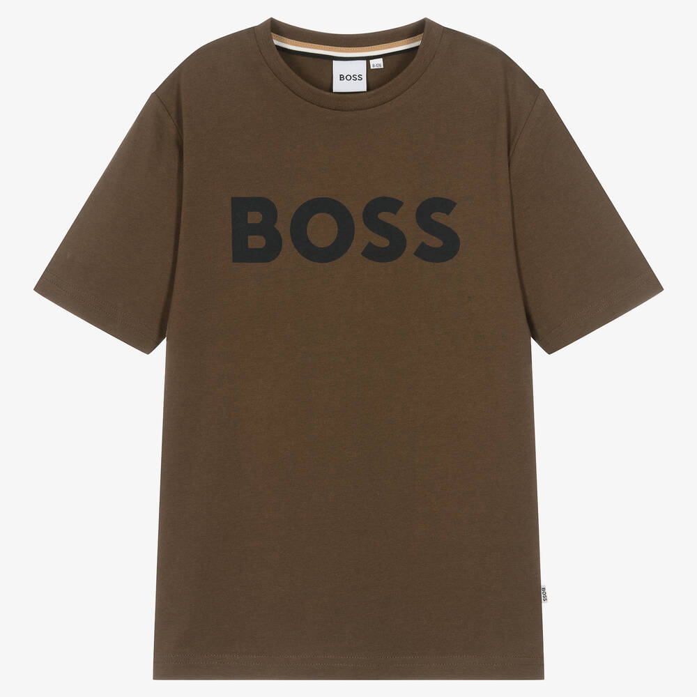 BOSS - Коричневая хлопковая футболка для мальчиков-подростков  | Childrensalon