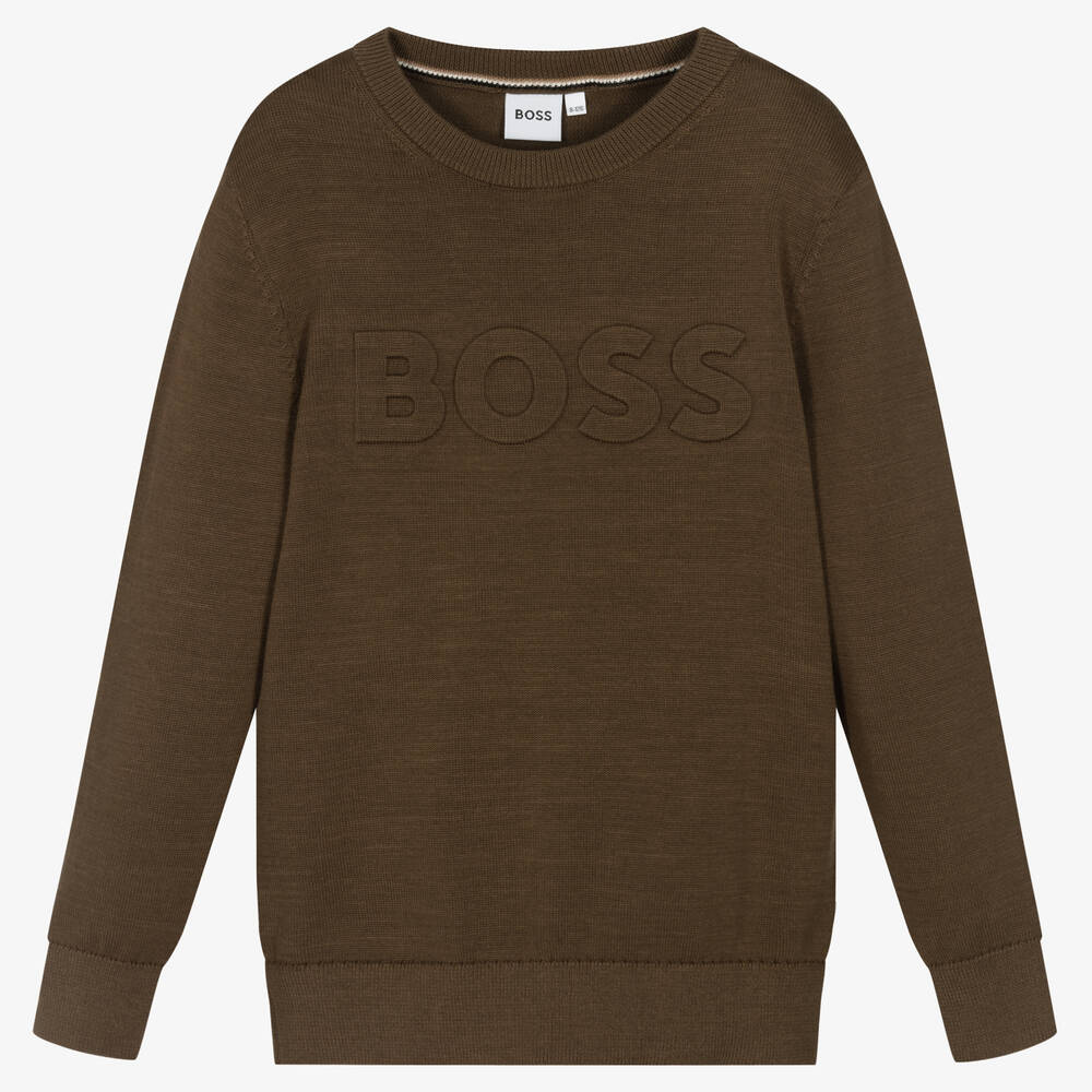 BOSS - Pull marron avec logo en relief ado garçon | Childrensalon