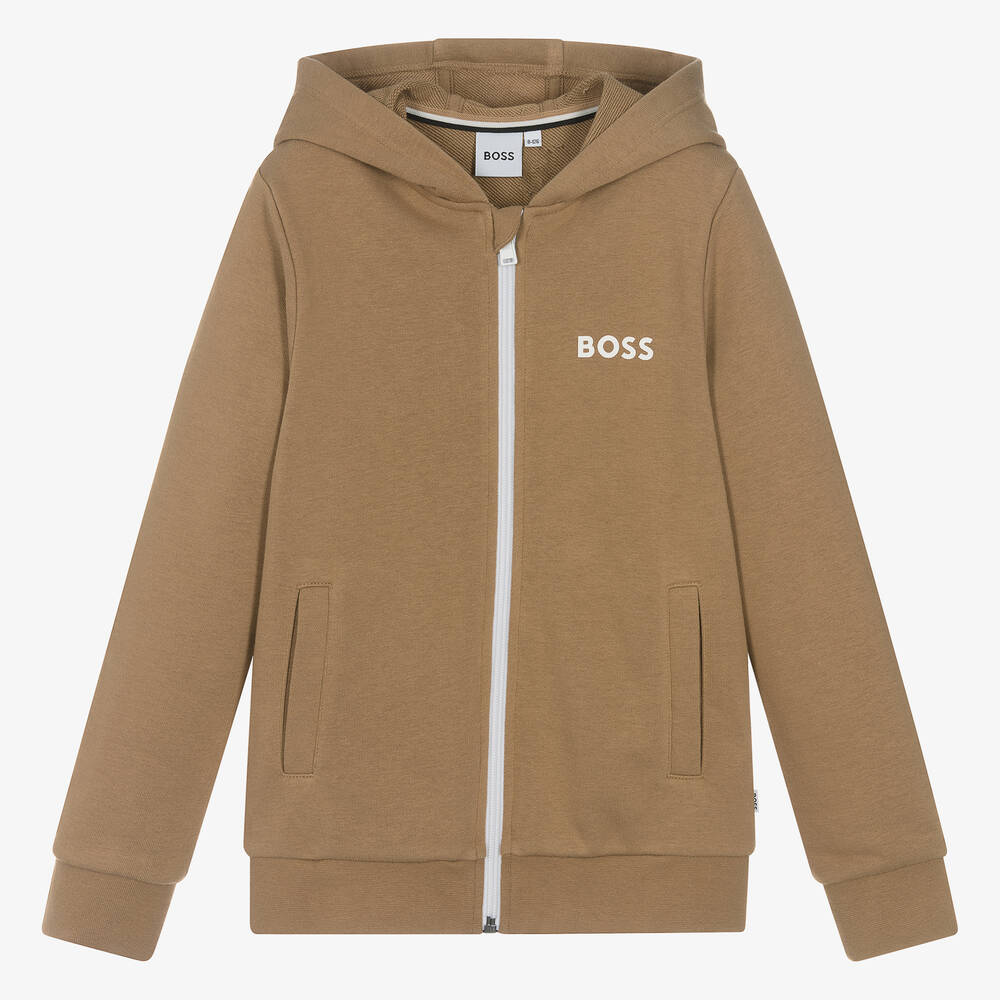 BOSS-Teen Boys Dark Beige Cotton Zip-Up Hoodie | Childrensalon Outlet