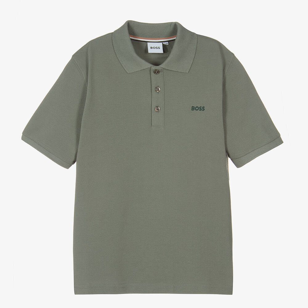 BOSS - Teen Boys Green Cotton Logo Polo Shirt | Childrensalon