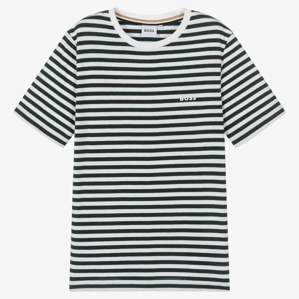 BOSS - Teen Boys Green & White Striped T-Shirt | Childrensalon