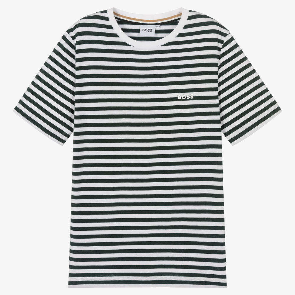 BOSS - T-shirt vert et blanc rayé ado | Childrensalon