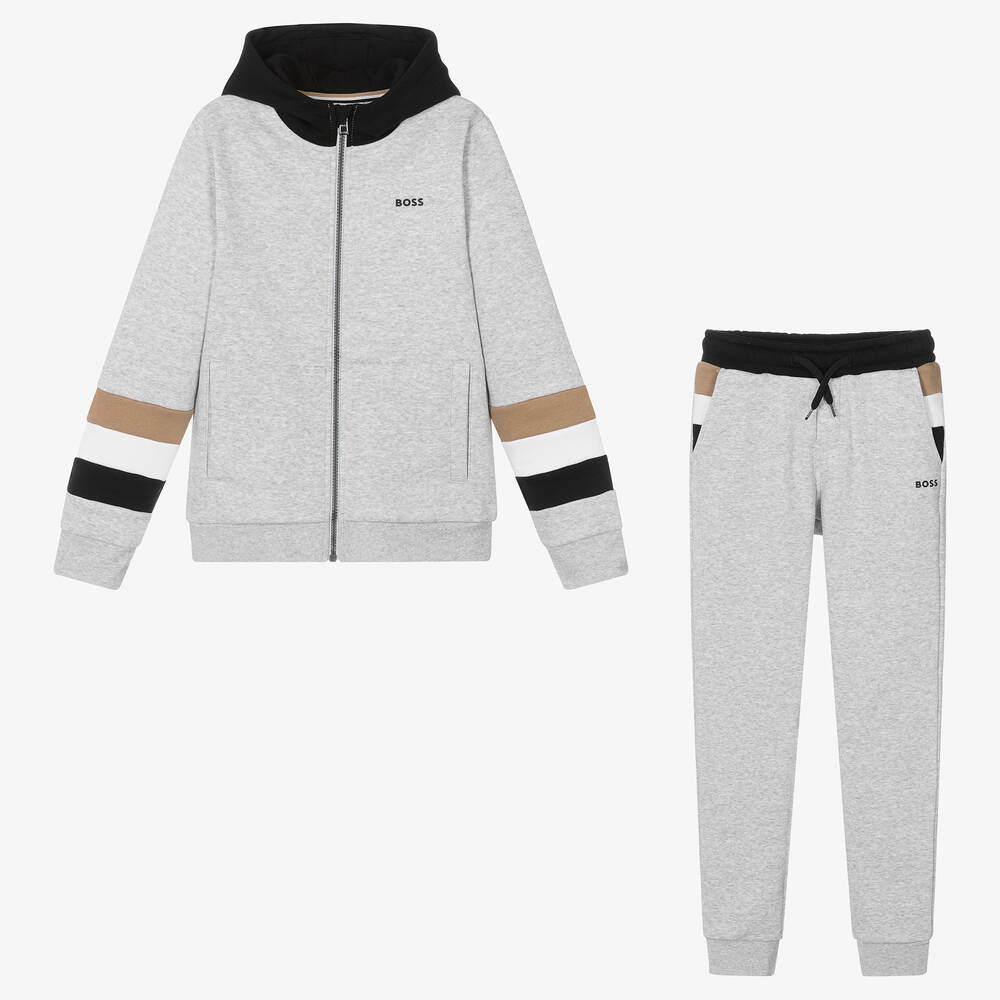 BOSS - Teen Boys Grey & Black Hooded Tracksuit | Childrensalon