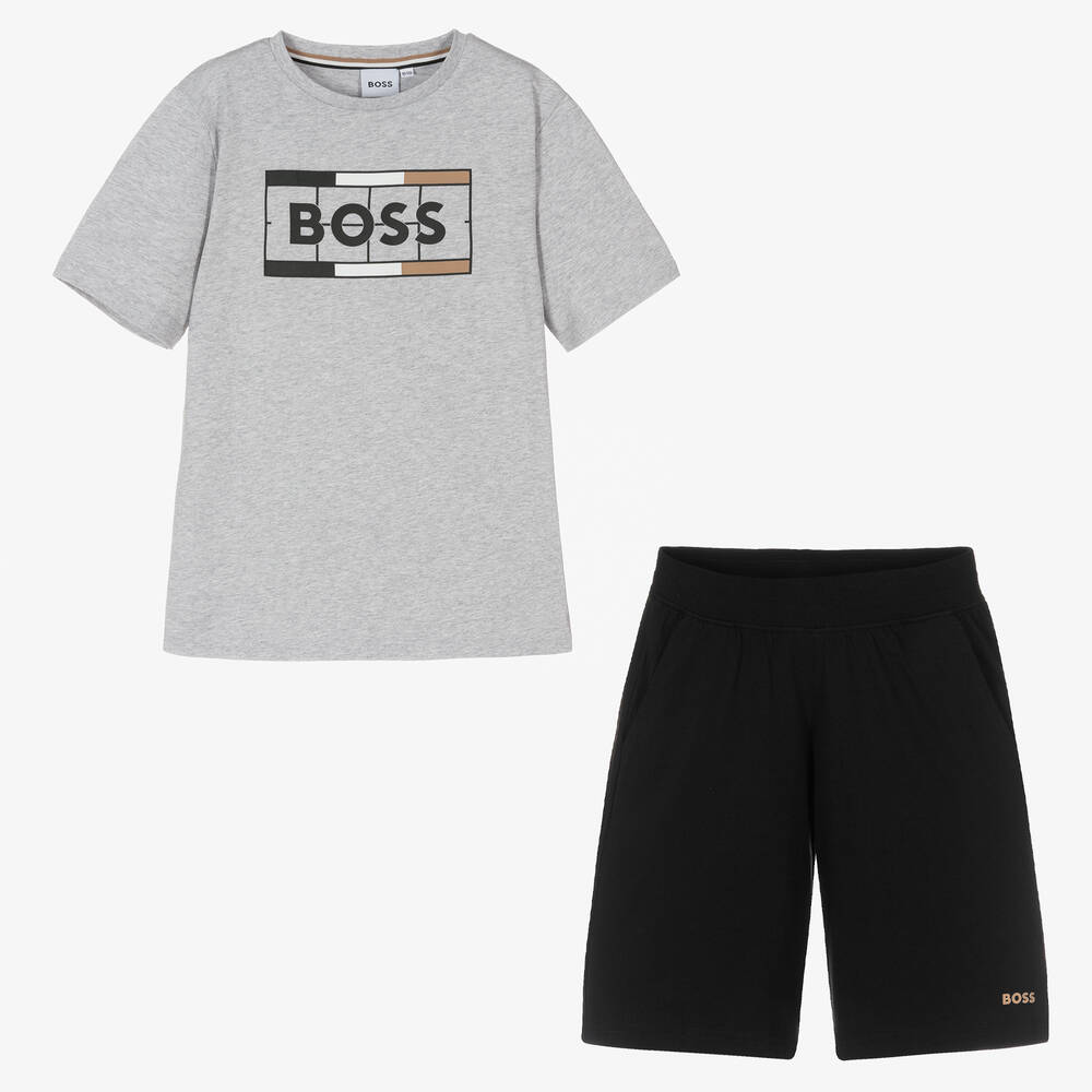 BOSS - Teen Boys Grey & Black Logo Shorts Set  | Childrensalon