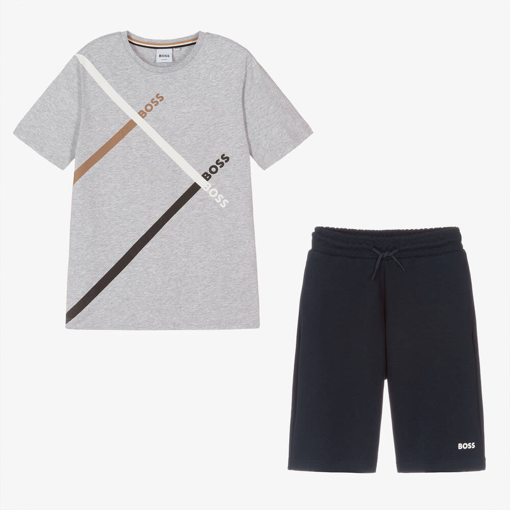 BOSS - Teen Boys Grey Cotton Logo Shorts Set | Childrensalon