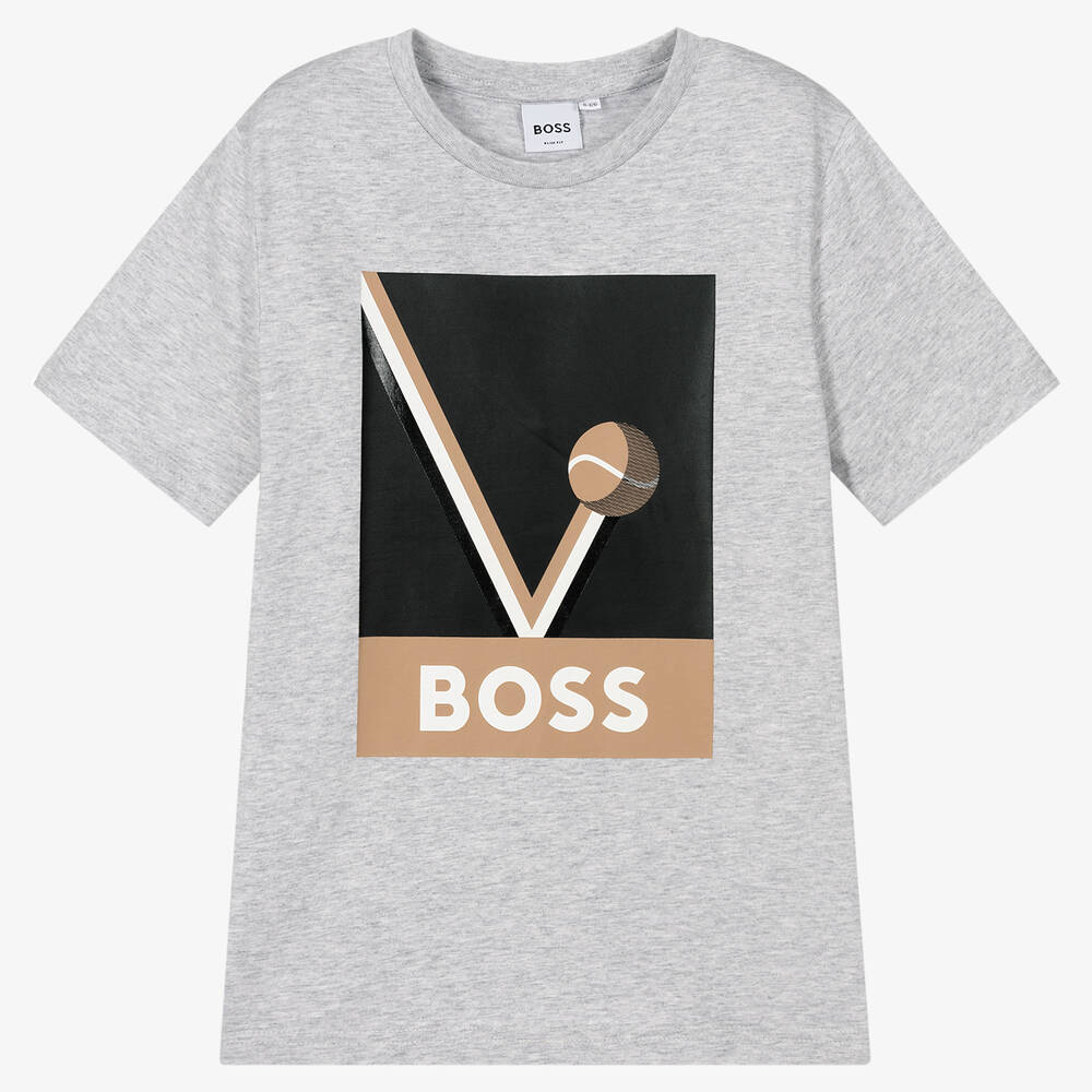 BOSS - Teen Boys Grey Cotton Logo T-Shirt | Childrensalon