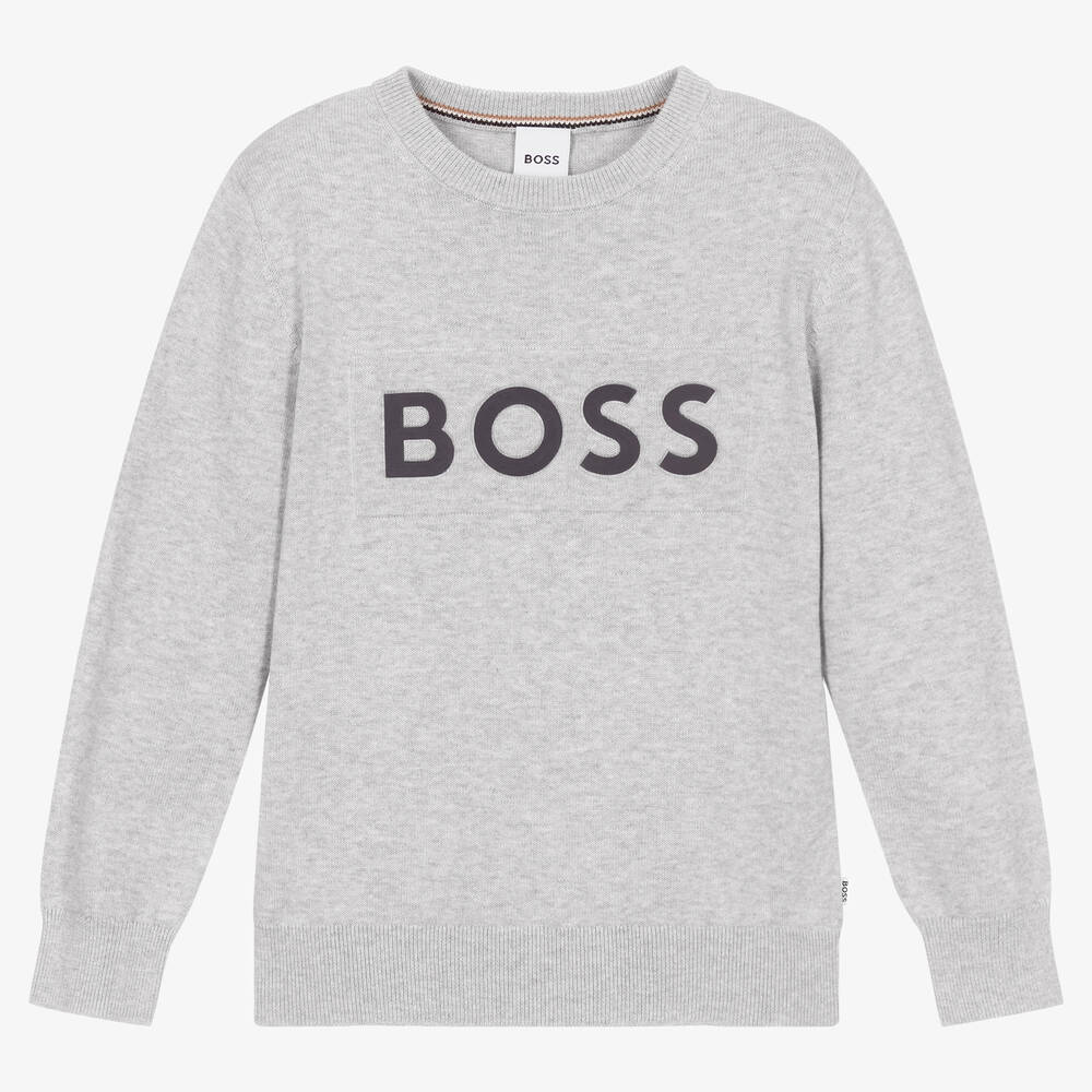 BOSS - Серый хлопковый свитер для мальчиков-подростков | Childrensalon