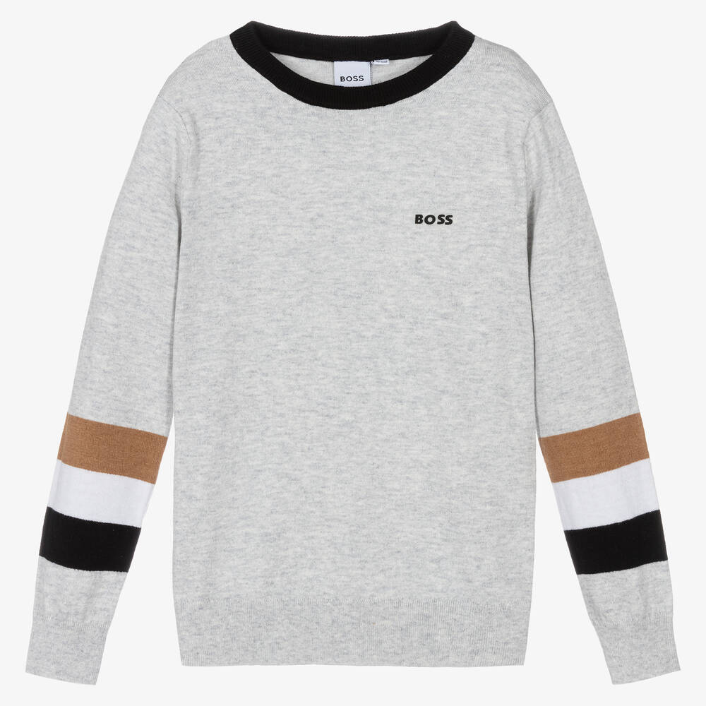 BOSS - Teen Boys Grey Cotton & Wool Knit Jumper | Childrensalon