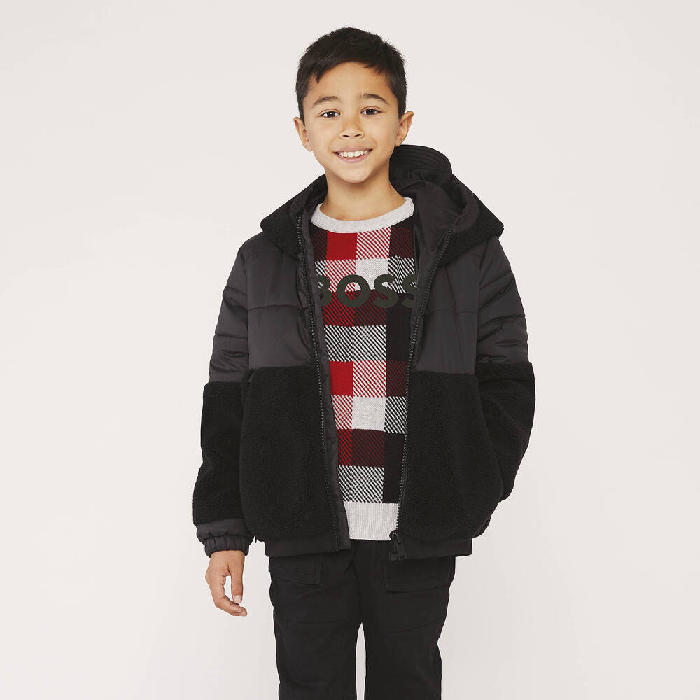 BOSS-كنزة تينز ولادي قطن محبوك لون رمادي وأحمر | Childrensalon Outlet