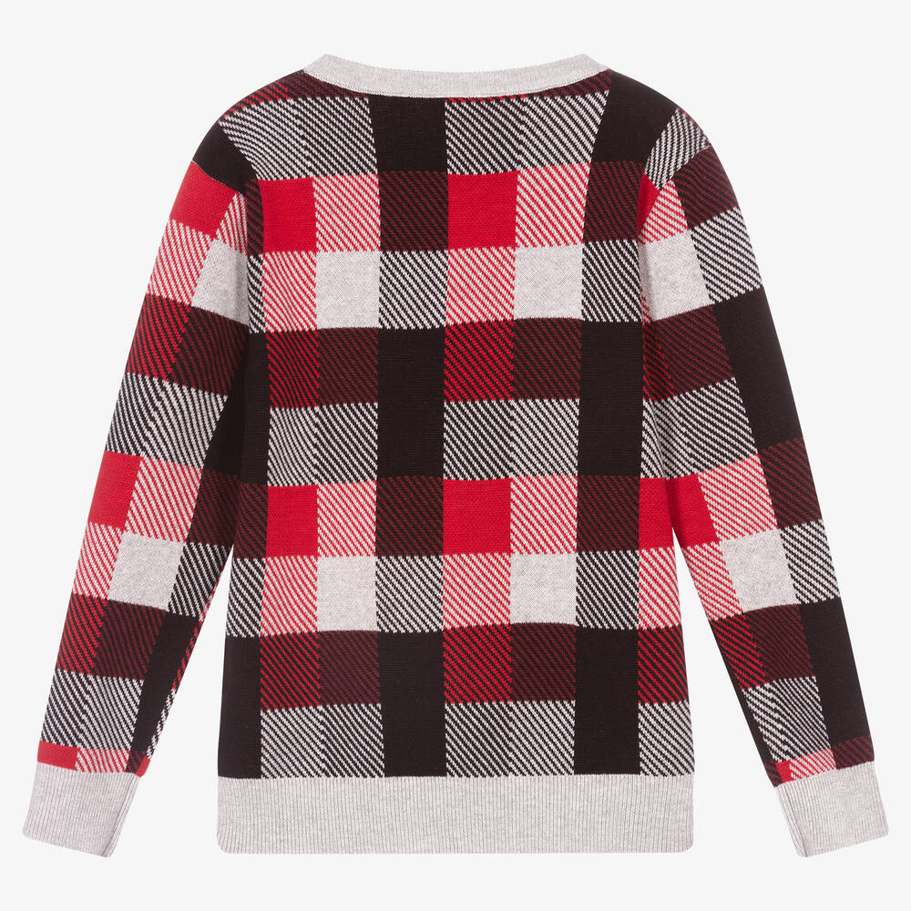 BOSS-كنزة تينز ولادي قطن محبوك لون رمادي وأحمر | Childrensalon Outlet