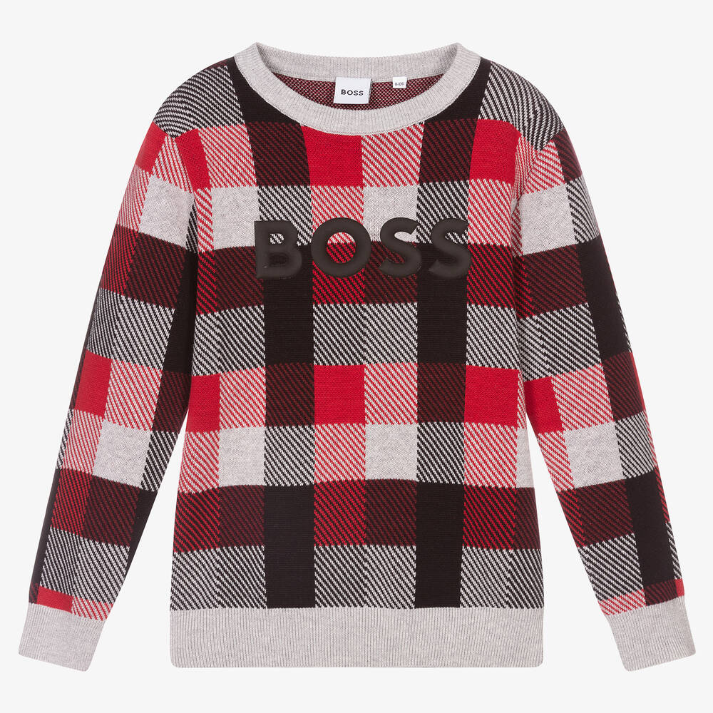BOSS - Серо-красный свитер для мальчиков-подростков | Childrensalon