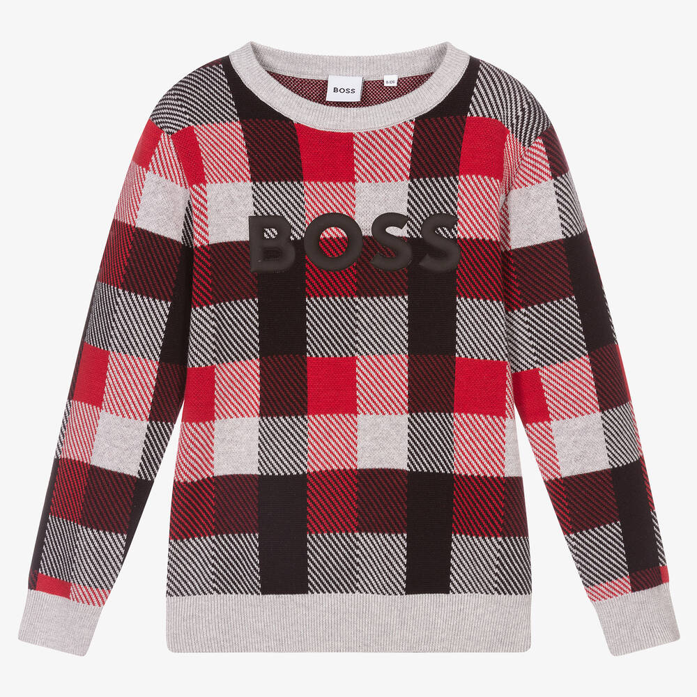 BOSS - Pull gris et rouge Ado garçon | Childrensalon