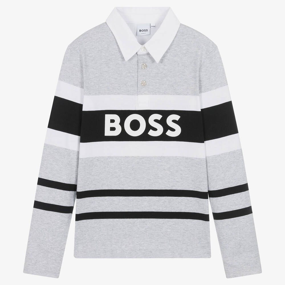 BOSS-Teen Boys Grey Stripe Cotton Top | Childrensalon Outlet