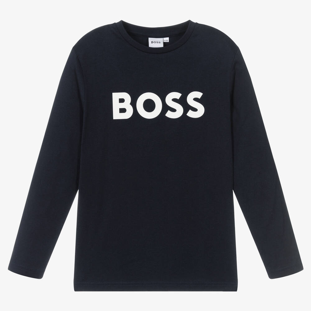 BOSS-Teen Boys Navy Blue Cotton Logo Top | Childrensalon Outlet