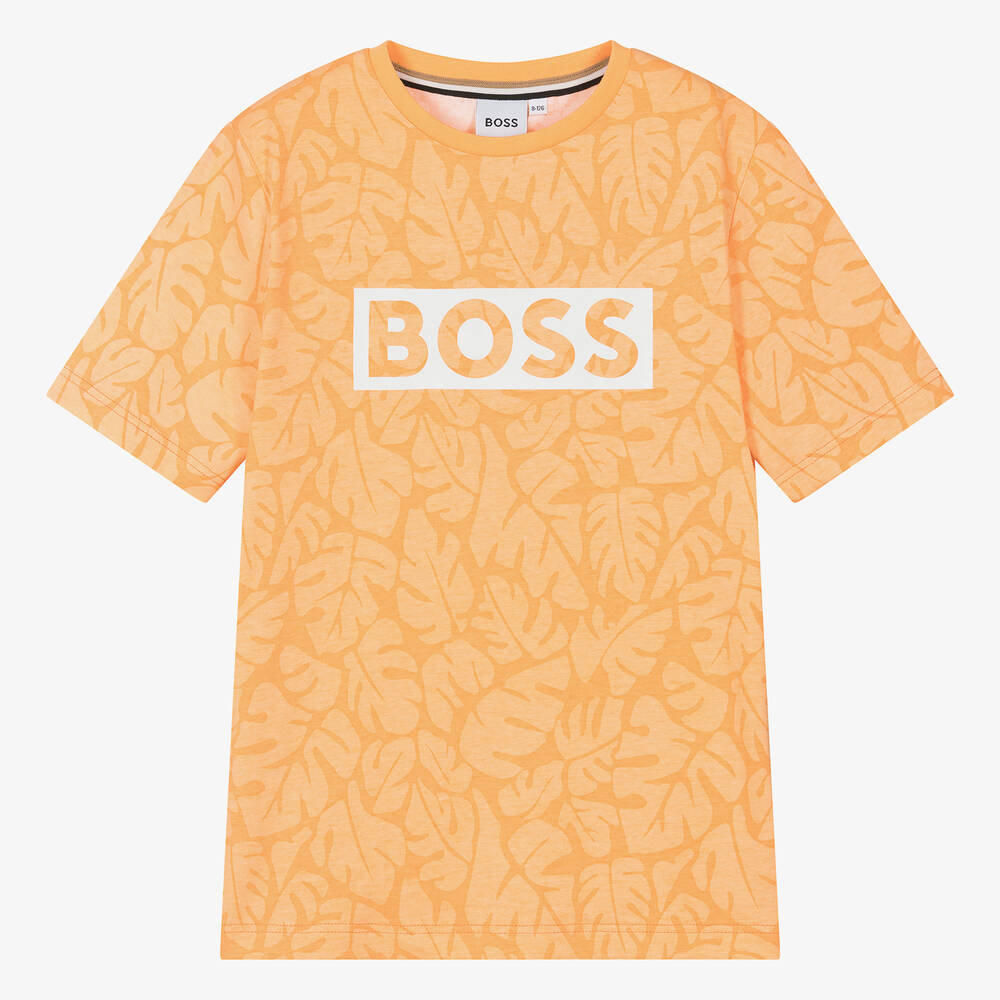 BOSS-تيشيرت بطبعة أوراق الشجر قطن جيرسى لون برتقالي للمراهقين | Childrensalon Outlet