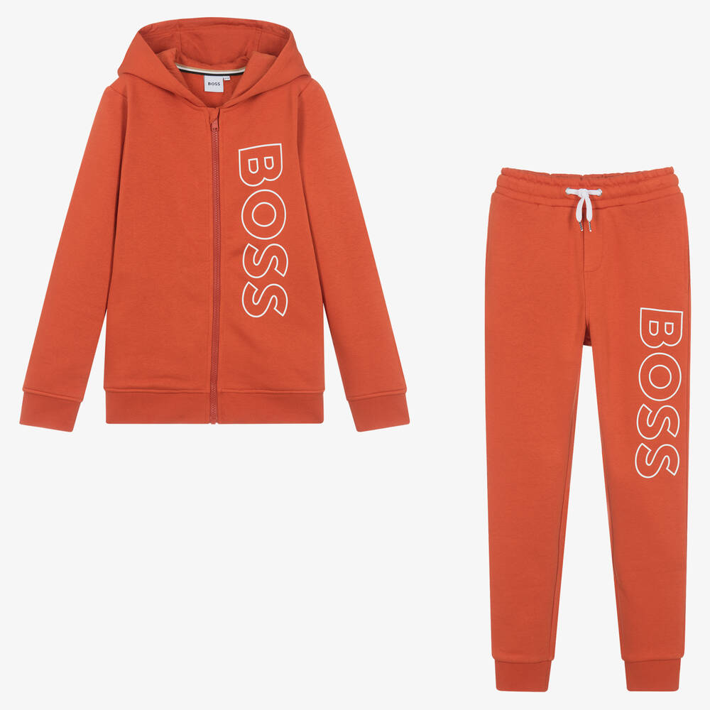 BOSS - بدلة رياضية هودي قطن جيرسي لون برتقالي للمراهقين | Childrensalon