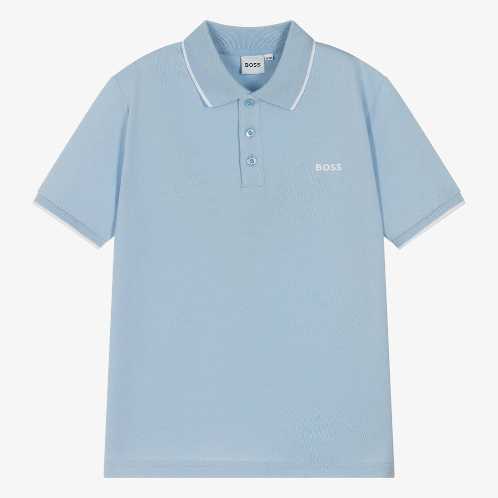 BOSS-Нежно-голубая рубашка-поло из хлопка для подростков | Childrensalon Outlet