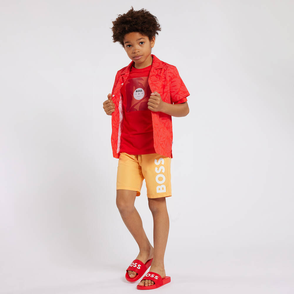 BOSS-Teen Boys Red Cotton Leaf Print Shirt | Childrensalon Outlet