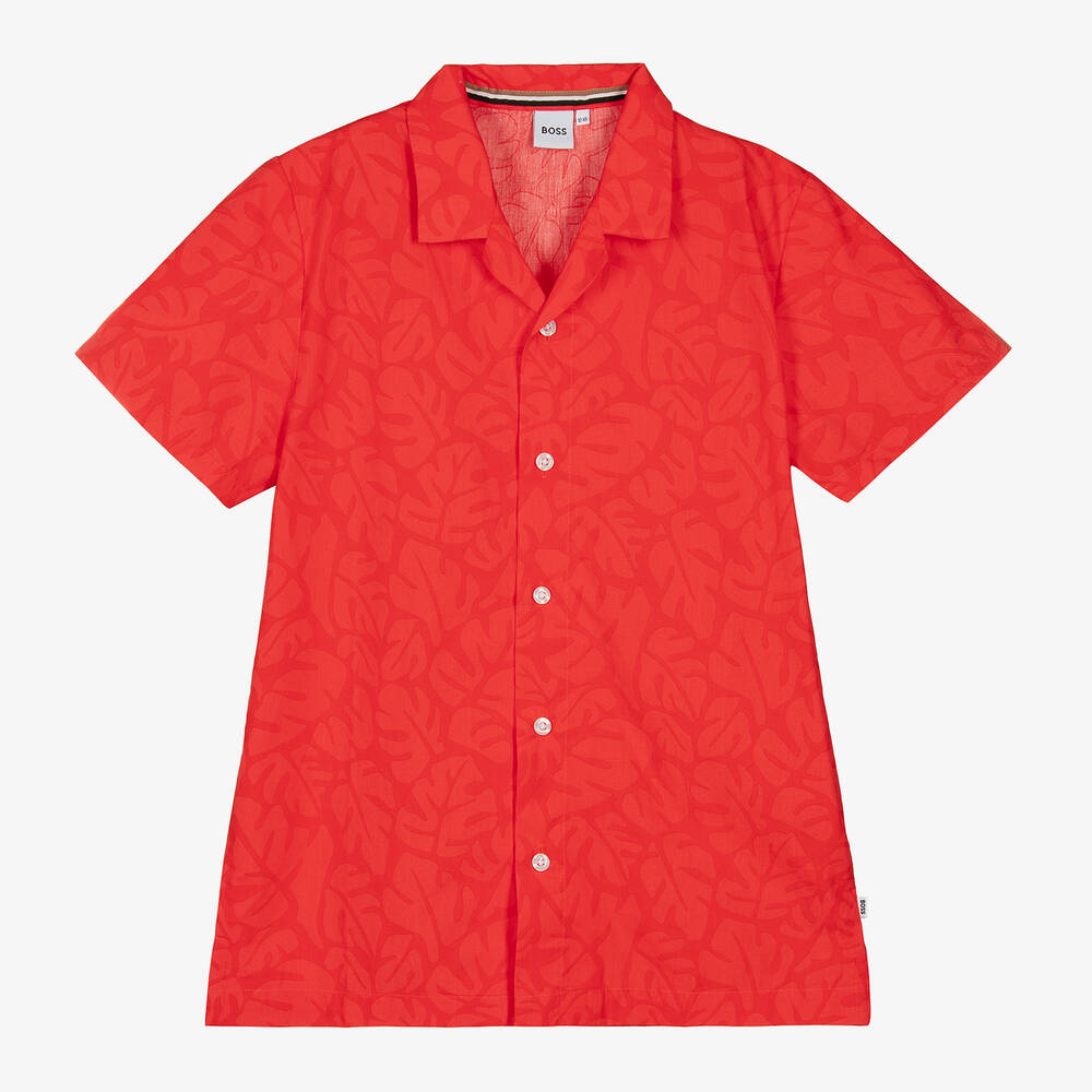 BOSS - Teen Boys Red Cotton Leaf Print Shirt | Childrensalon Outlet