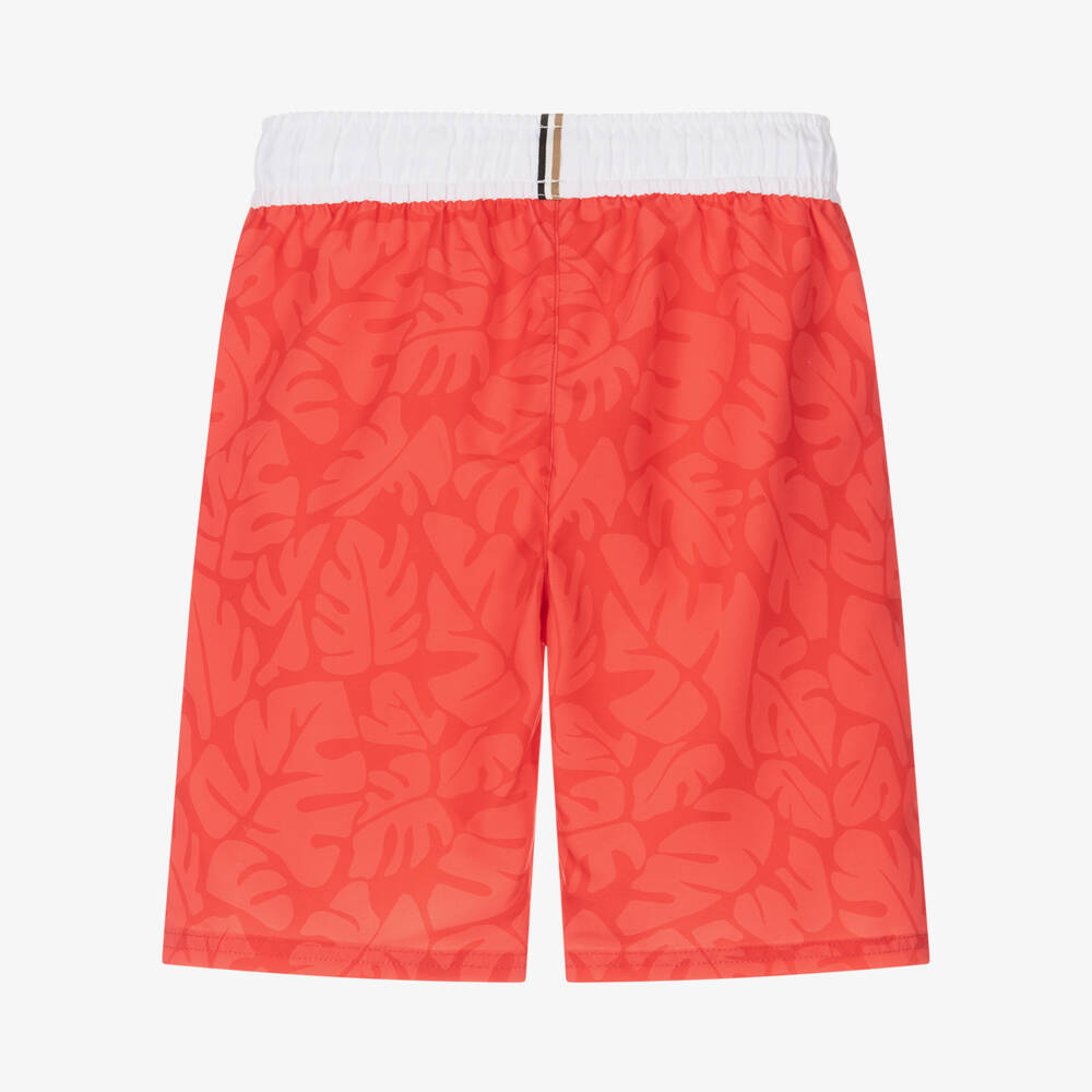 BOSS-Teen Boys Red Leaf Print Swim Shorts | Childrensalon Outlet