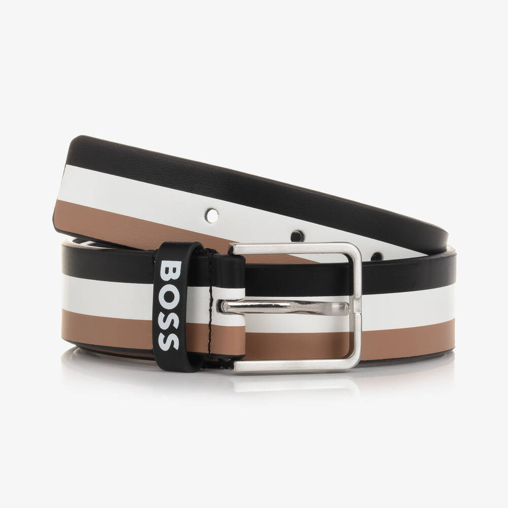 BOSS - حزام جلد صناعي مقلّم لون أبيض وأسود تينز ولادي | Childrensalon