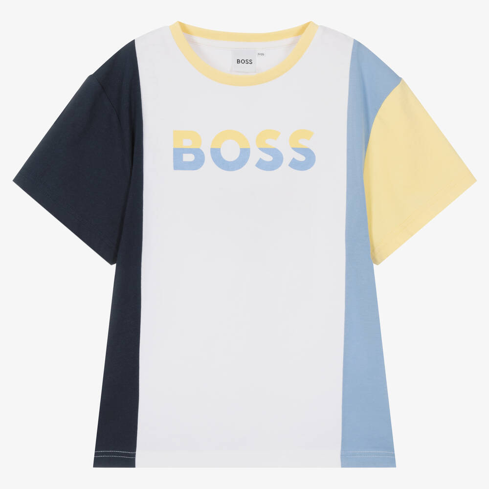 BOSS - T-shirt blanc et bleu en coton ado | Childrensalon