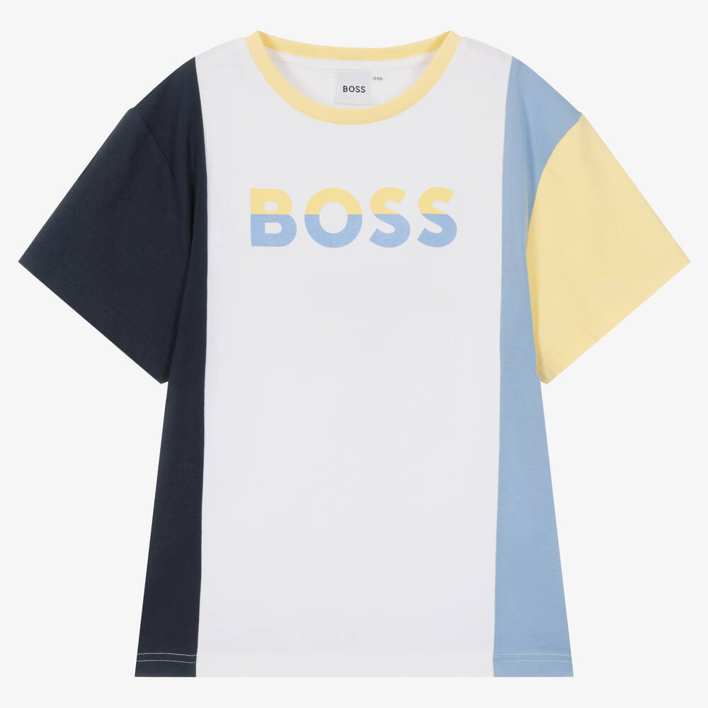 BOSS - Teen Boys White & Blue Cotton T-Shirt | Childrensalon