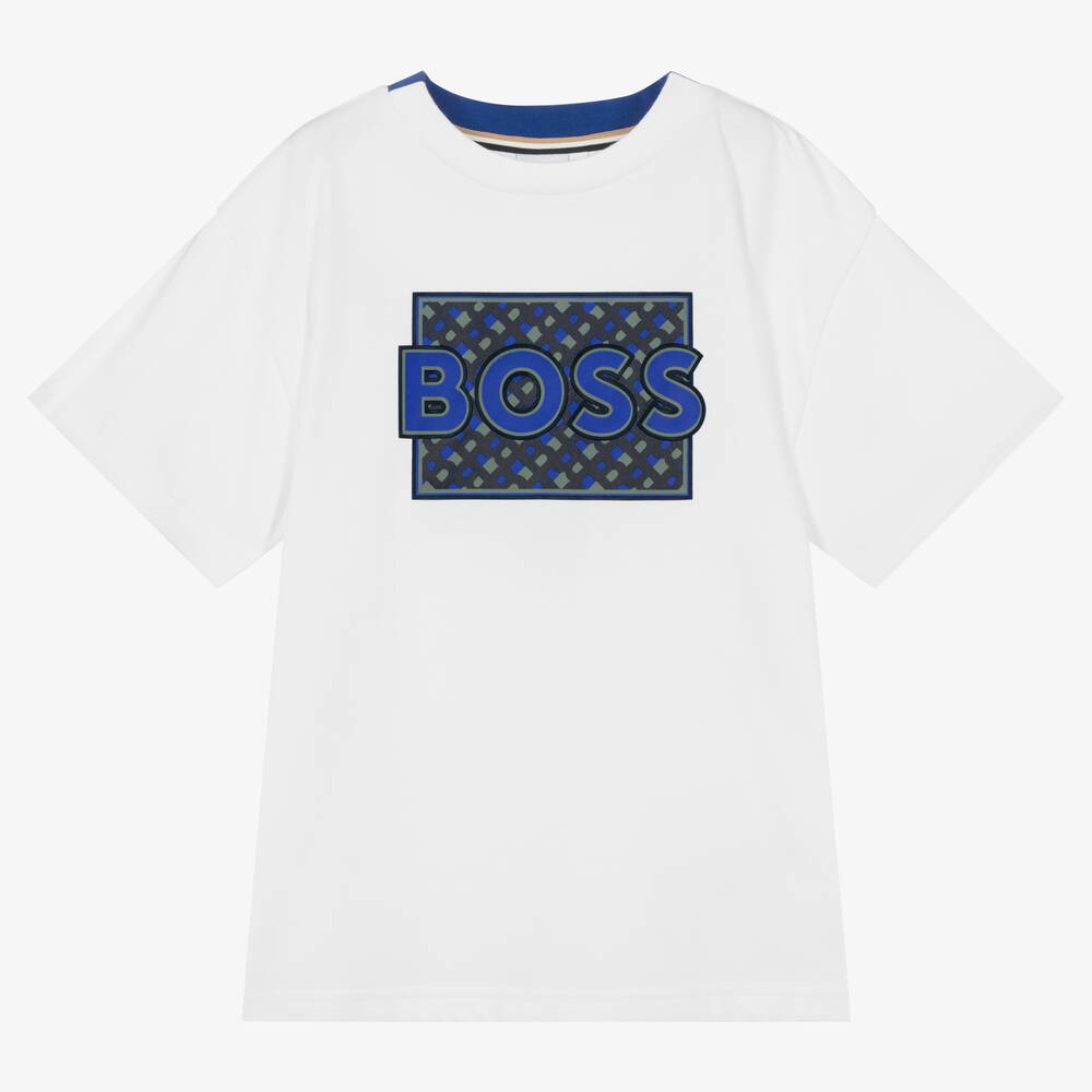 BOSS - تيشيرت تينز ولادي قطن جيرسي لون أبيض وأزرق | Childrensalon