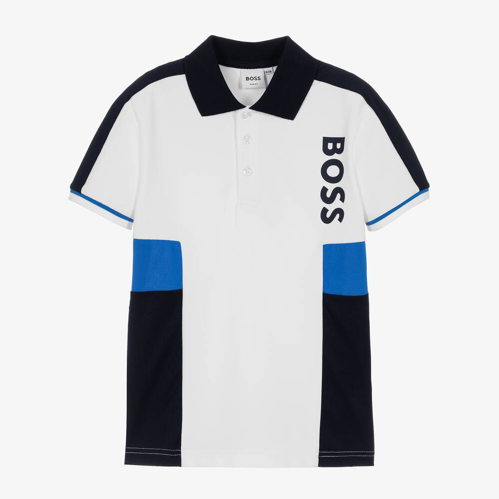 BOSS - Teen Boys White & Blue Polo Shirt | Childrensalon