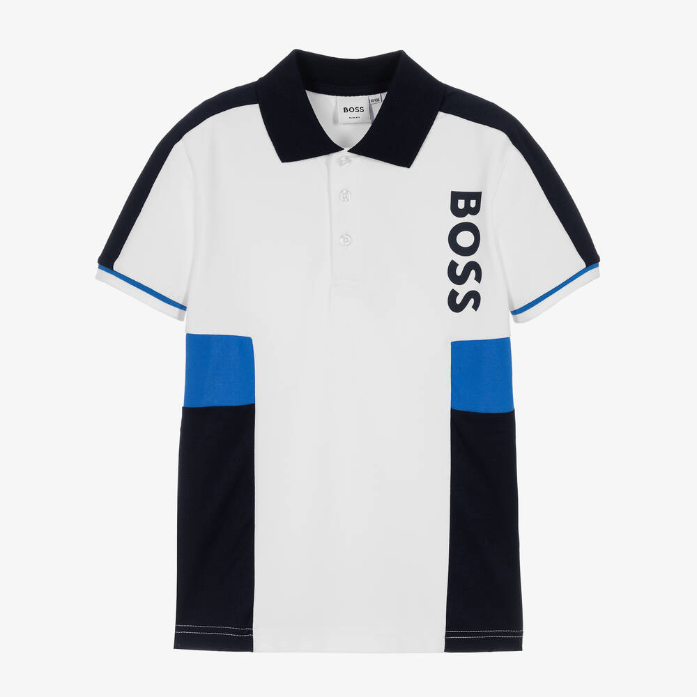 BOSS - Polo blanc et bleu ado garçon | Childrensalon