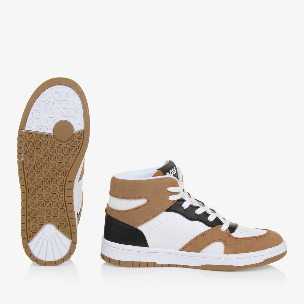 BOSS-Teen Boys White & Brown High Top Trainers | Childrensalon Outlet