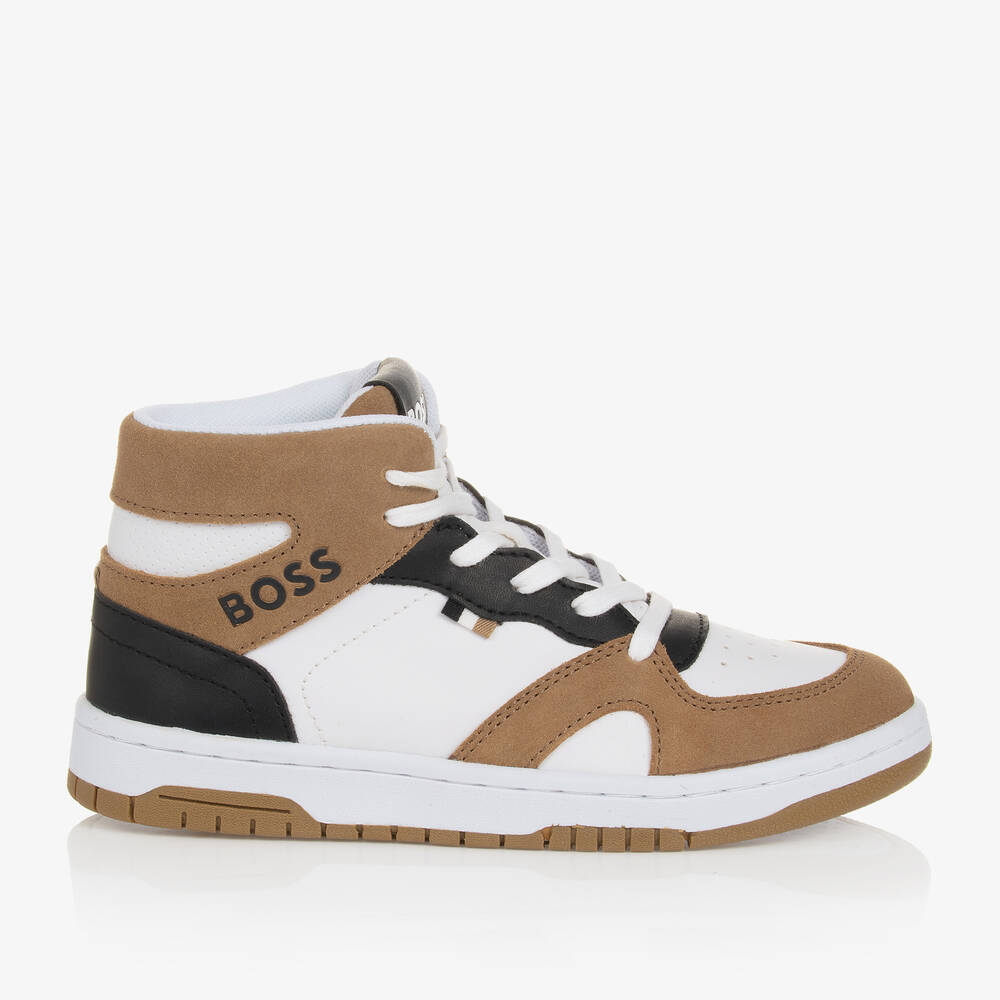 BOSS Teen Boys White Brown High Top Trainers Childrensalon