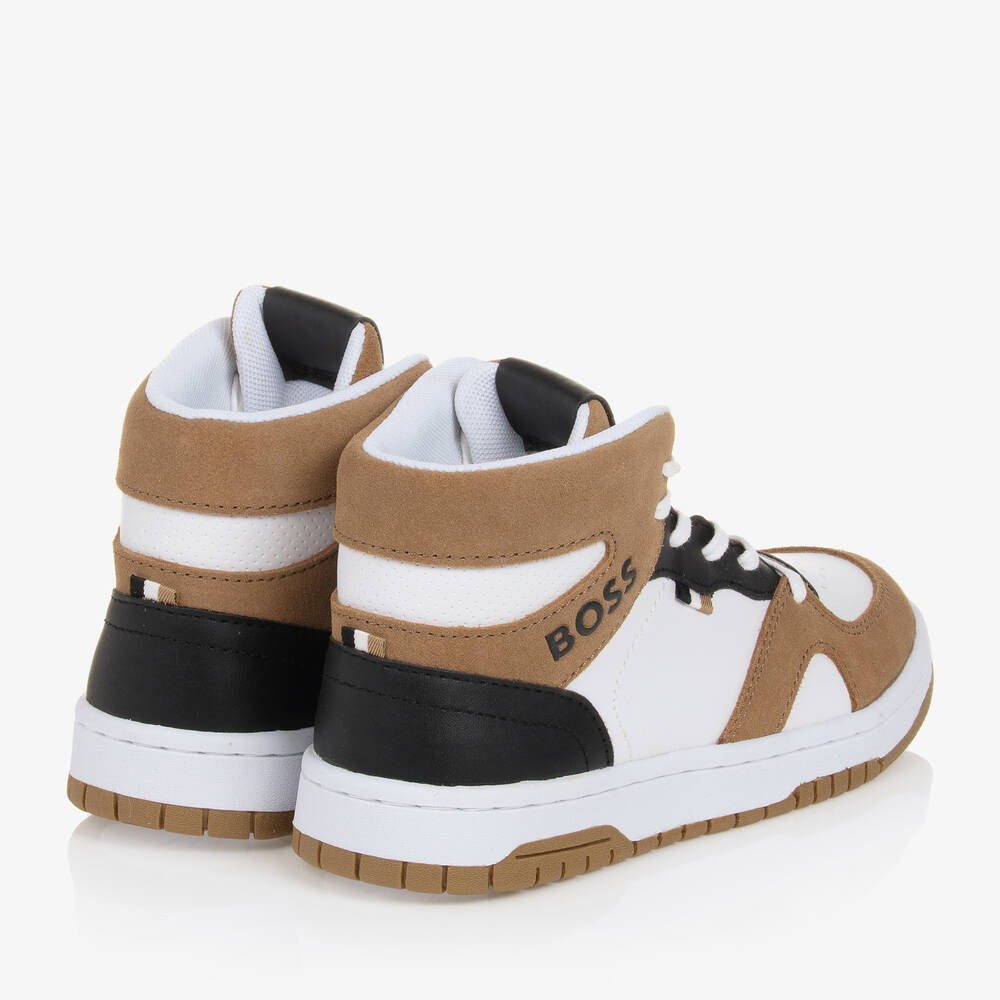 BOSS-Teen Boys White & Brown High Top Trainers | Childrensalon Outlet