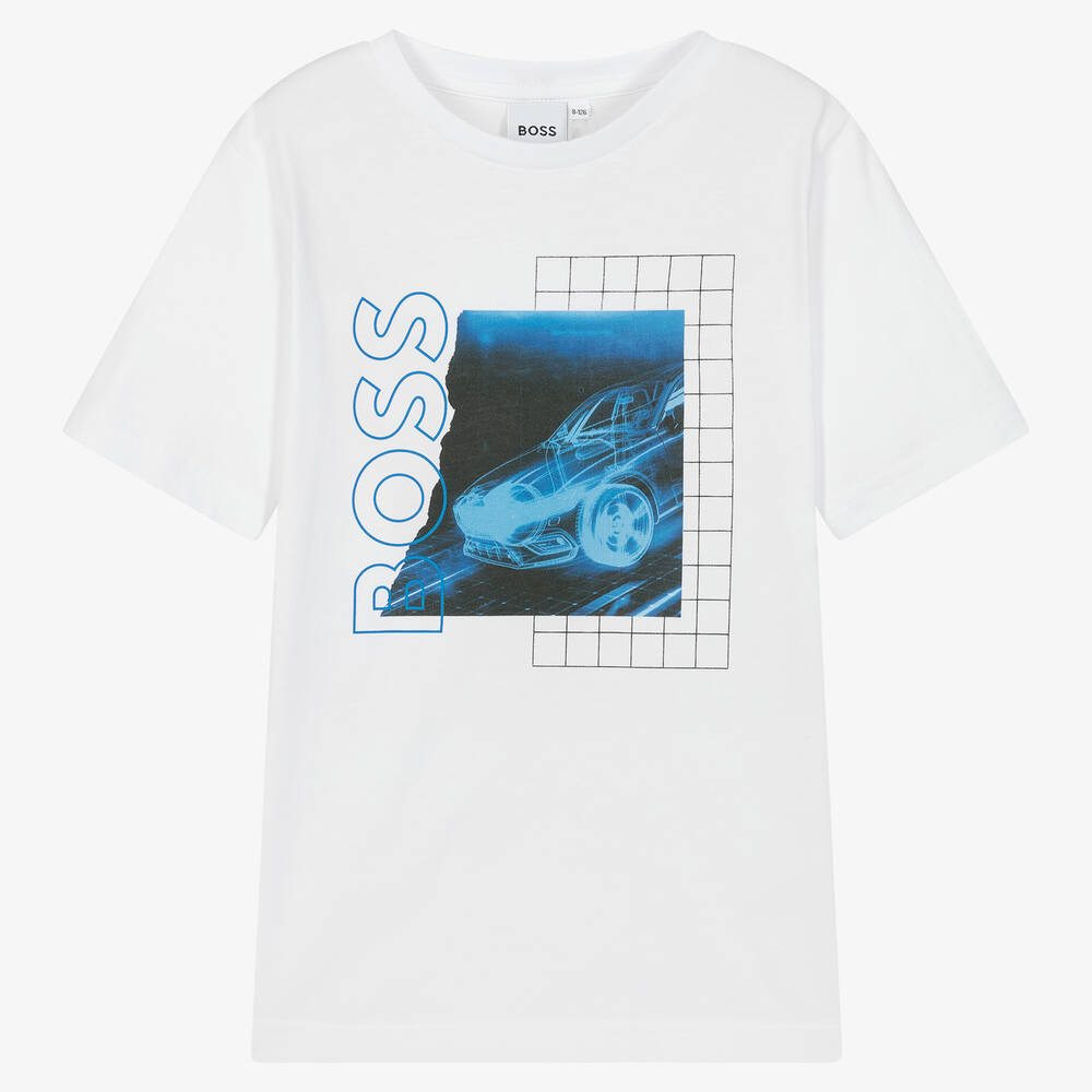 BOSS - T-shirt blanc en coton à motif ado | Childrensalon