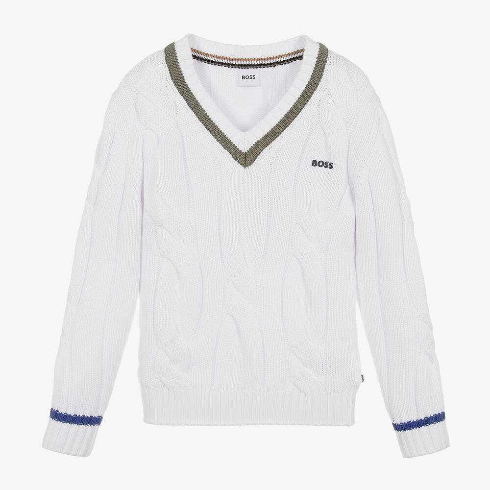 BOSS - Teen Boys White Cotton Knit Jumper | Childrensalon