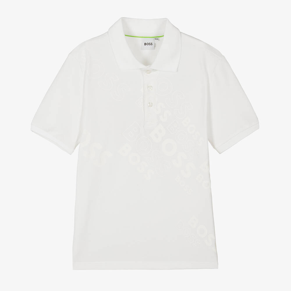 BOSS - Teen Boys White Cotton Logo Polo Shirt | Childrensalon