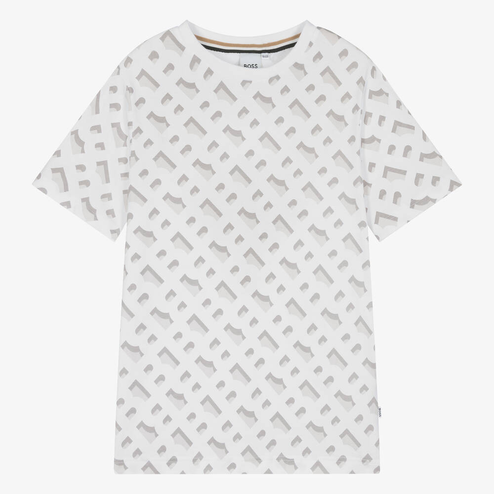BOSS-Teen Boys White Cotton Monogram T-Shirt | Childrensalon Outlet