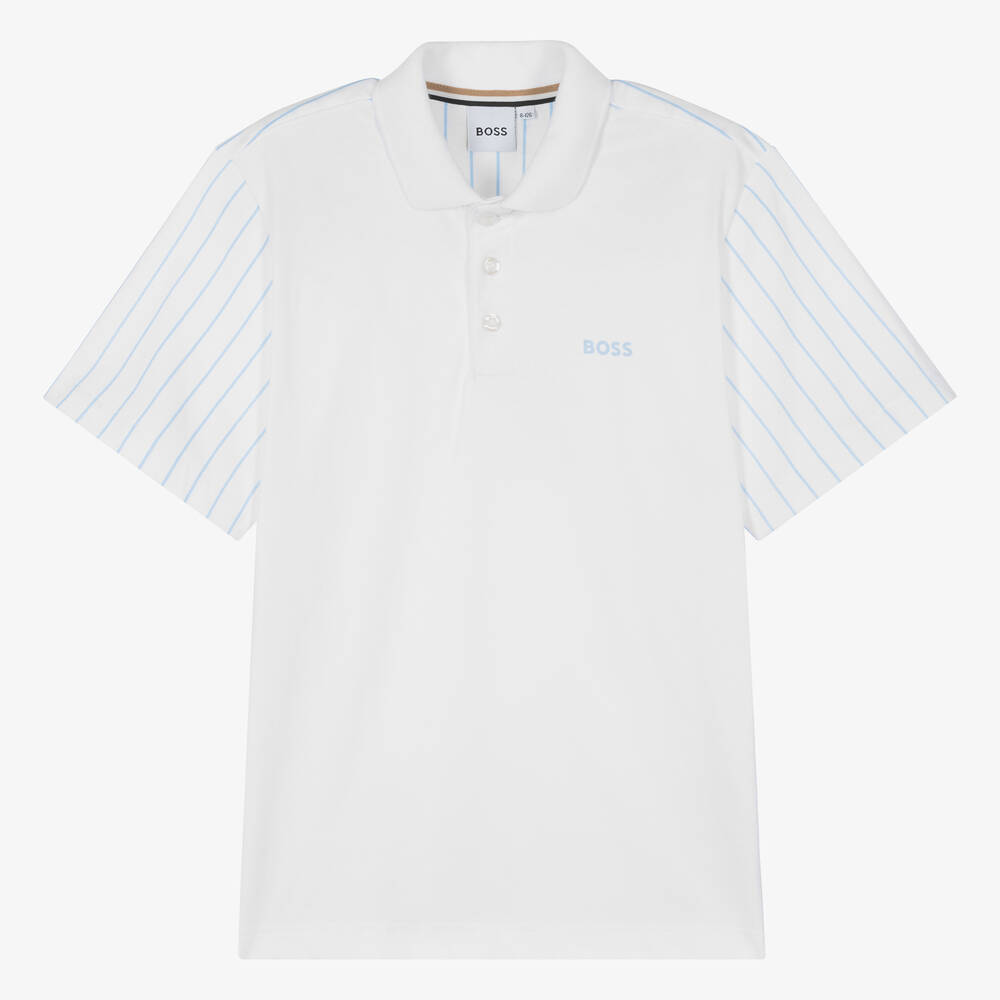 BOSS-Teen Boys White Cotton Striped Polo Shirt | Childrensalon Outlet