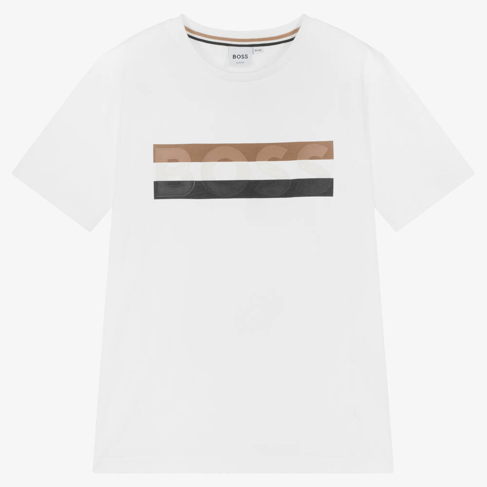 BOSS - Teen Boys White Cotton T-Shirt  | Childrensalon