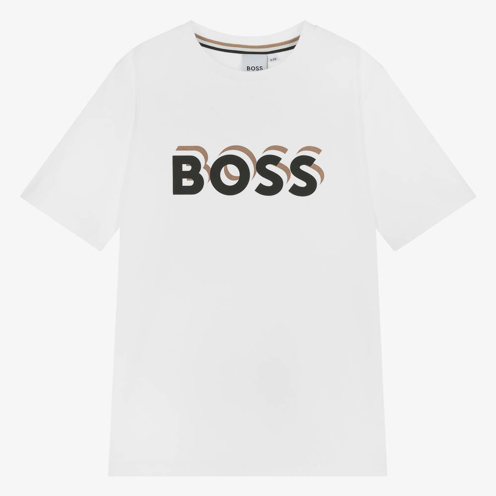BOSS-تيشيرت قطن جيرسي لون أبيض للمراهقين | Childrensalon Outlet