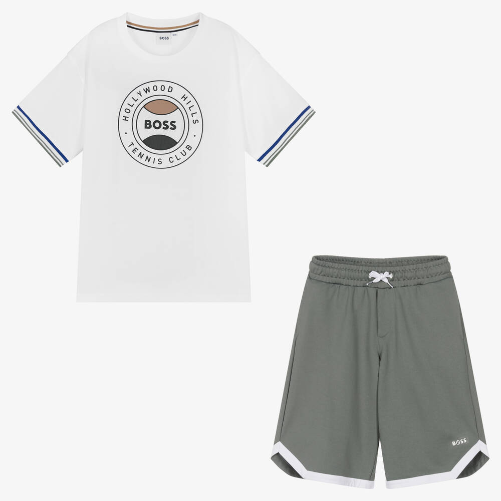 BOSS - Teen Boys White & Green Tennis Shorts Set | Childrensalon