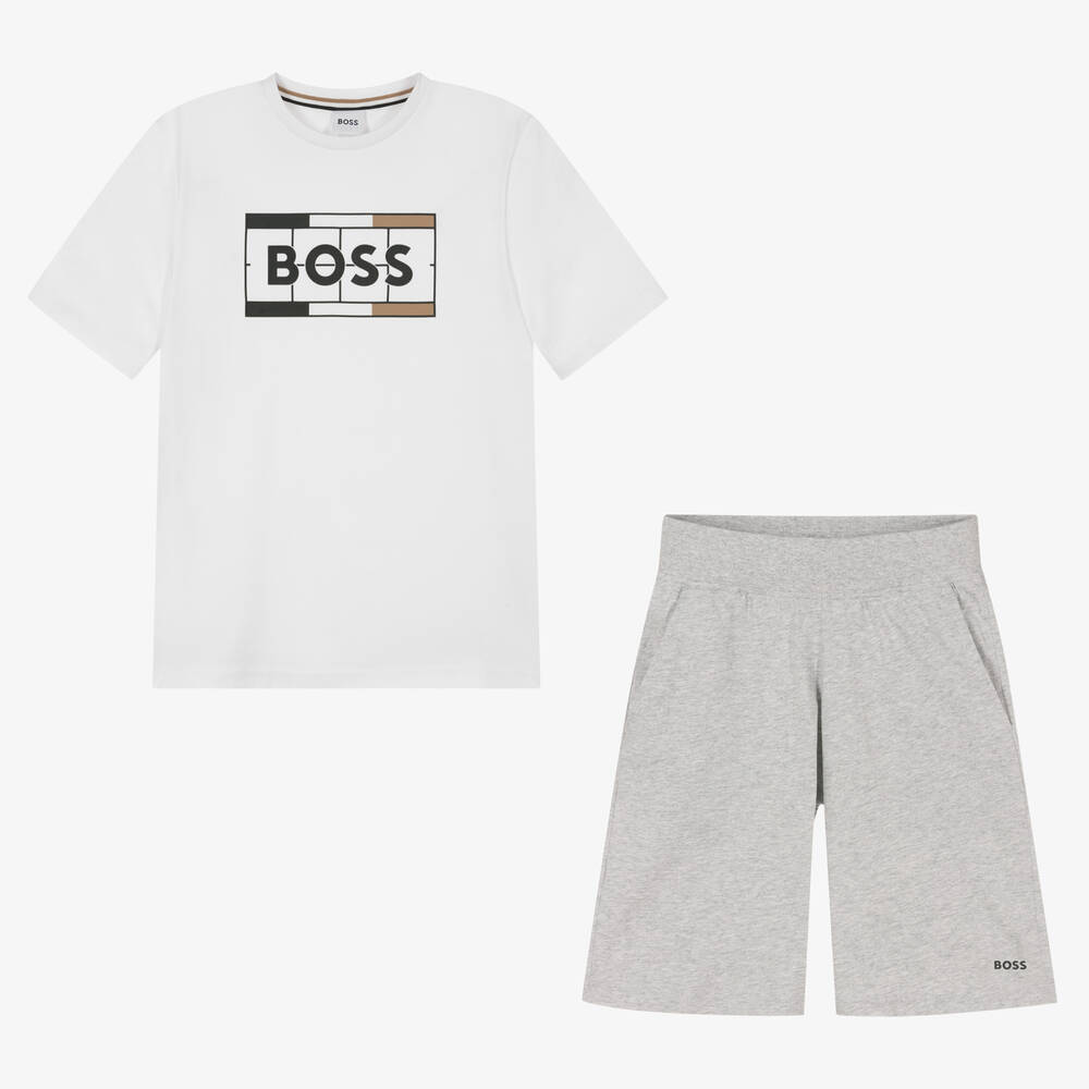BOSS - Teen Top & Shorts Set in Weiß/Grau | Childrensalon