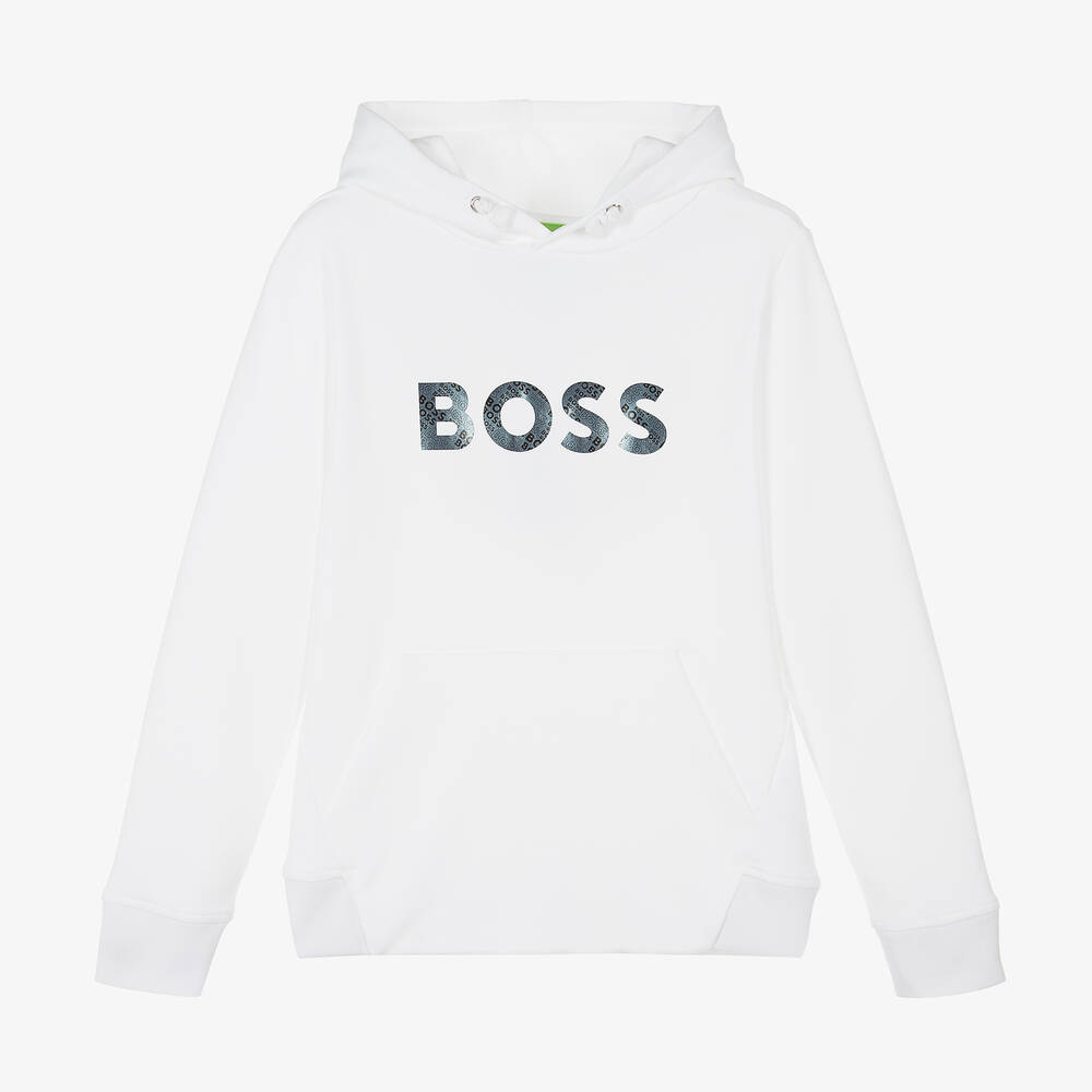 BOSS - Teen Boys White Jersey Logo Hoodie | Childrensalon