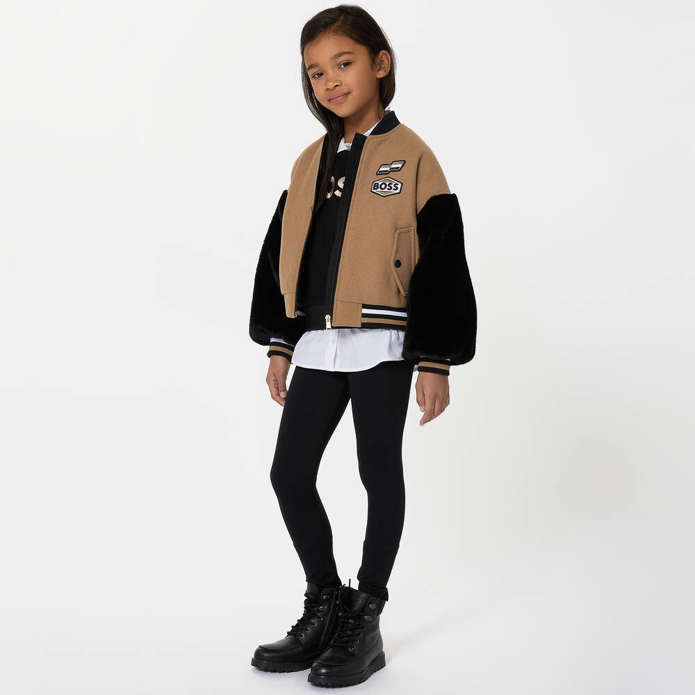 BOSS Teen Girls Beige Black Wool Varsity Jacket