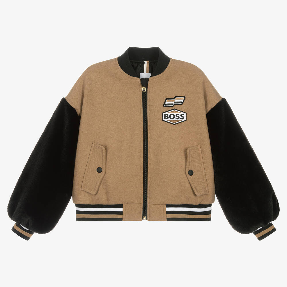 BOSS - Teen Girls Beige & Black Wool Varsity Jacket | Childrensalon