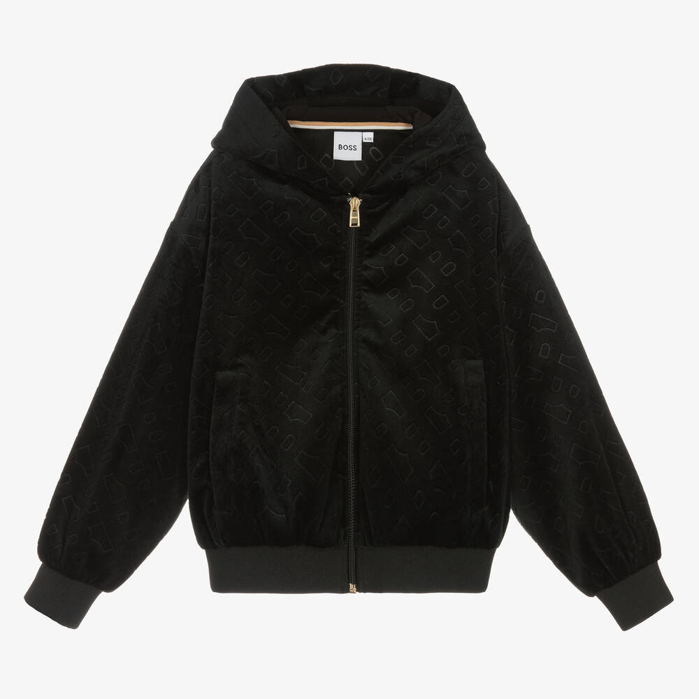 BOSS - Sweat à capuche velours noir zippé | Childrensalon